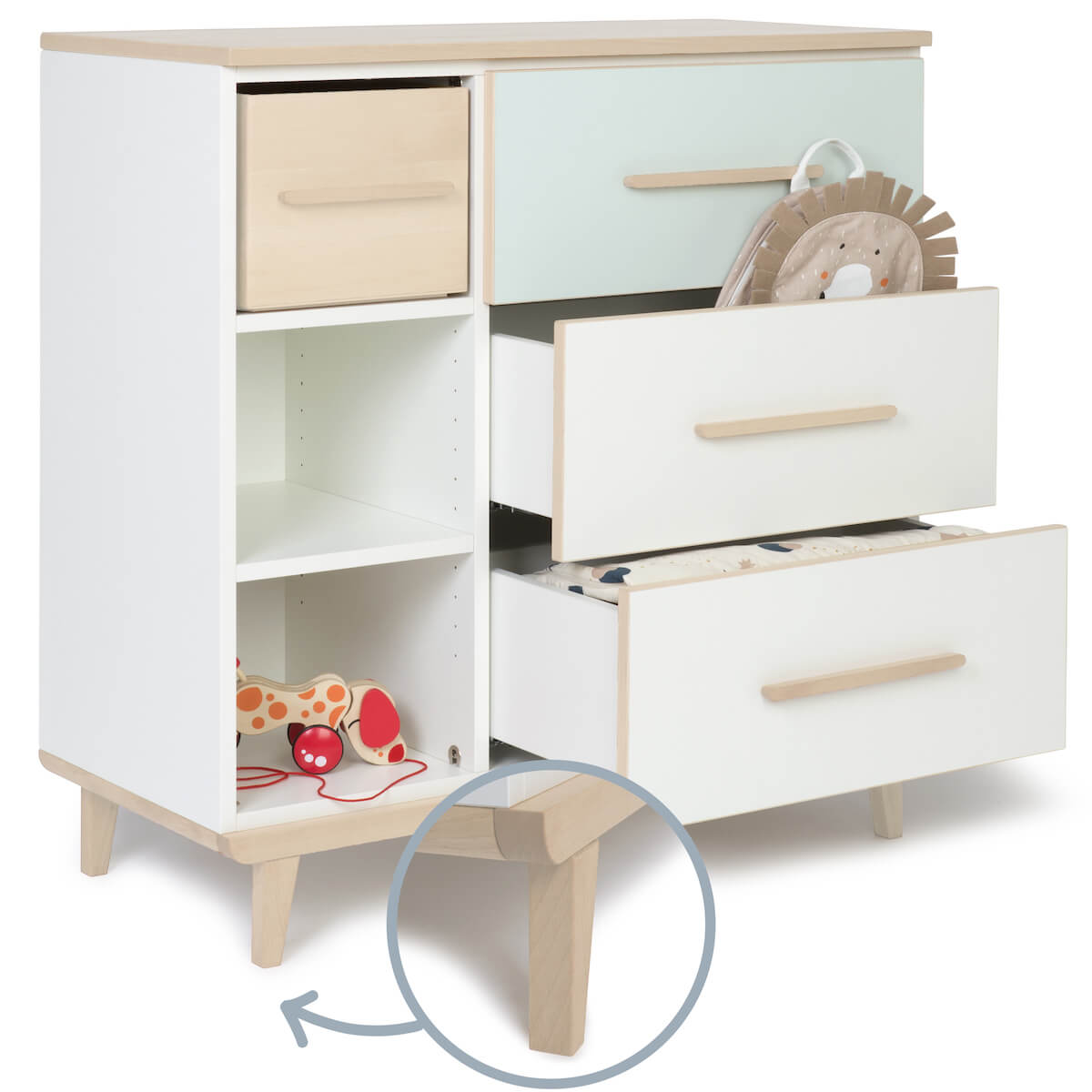 Commode 3 tiroirs 3 niches NADO Retro finition frêne mint-white