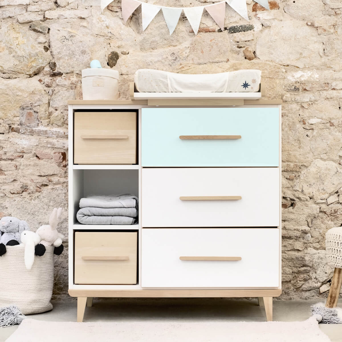 Commode 3 tiroirs 3 niches NADO Retro finition frêne mint-white