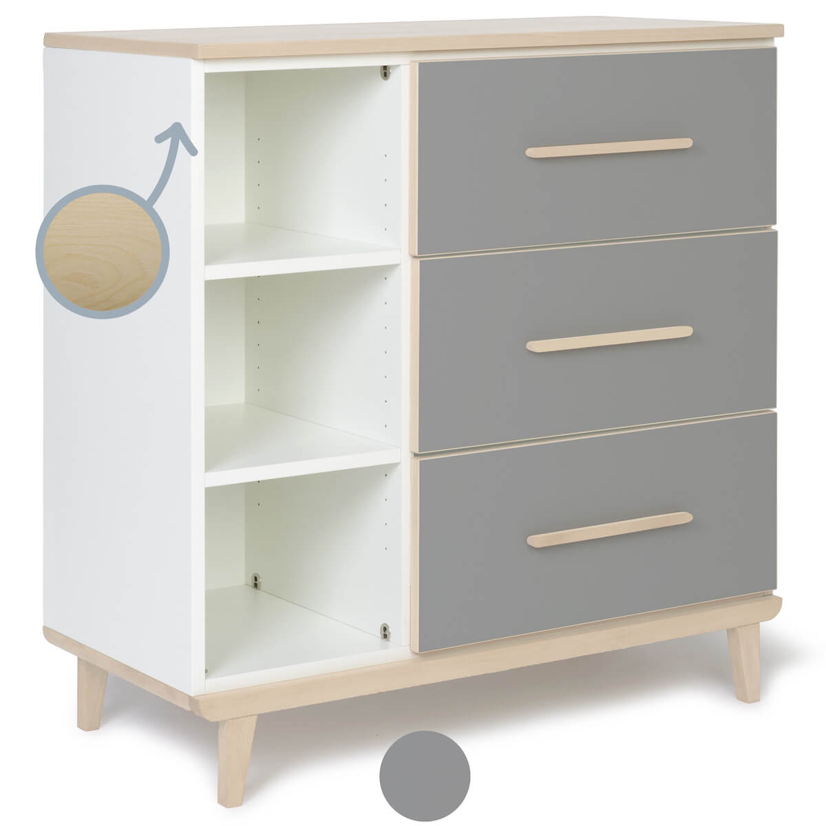 Commode 3 tiroirs 3 niches NADO Retro finition frêne slate grey