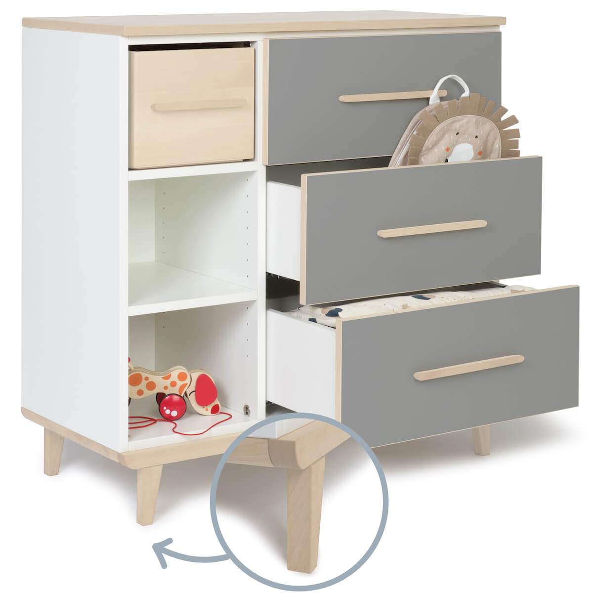 Commode 3 tiroirs 3 niches NADO Retro finition frêne slate grey