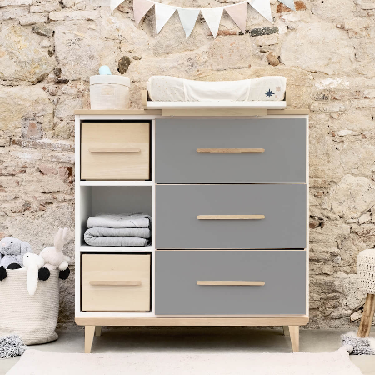 Commode 3 tiroirs 3 niches NADO Retro finition frêne slate grey
