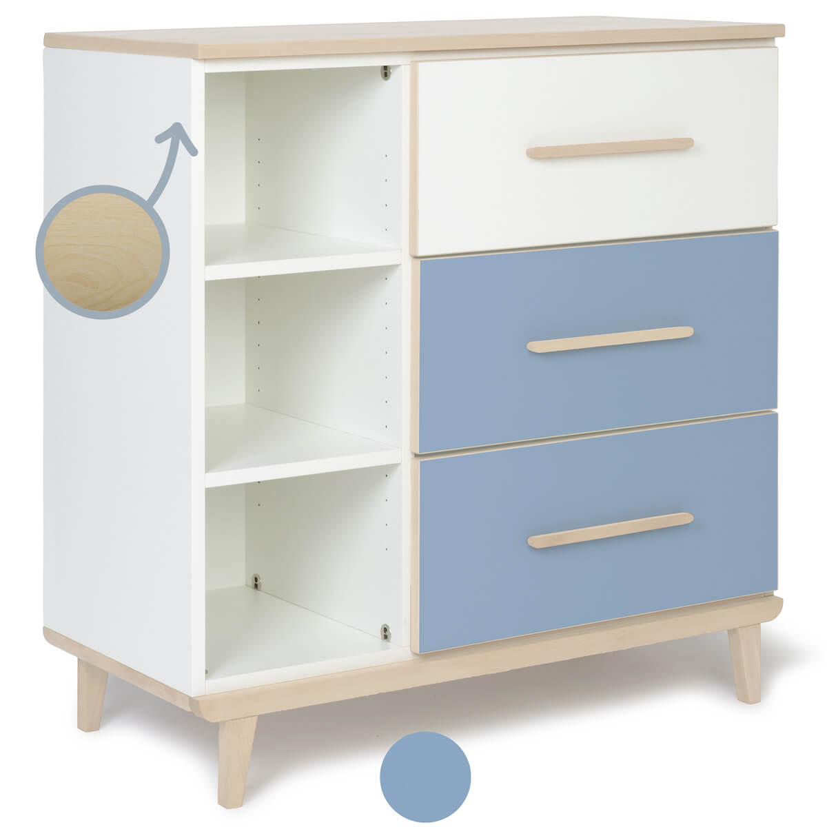 Commode 3 tiroirs 3 niches NADO Retro finition frêne white-capri blue