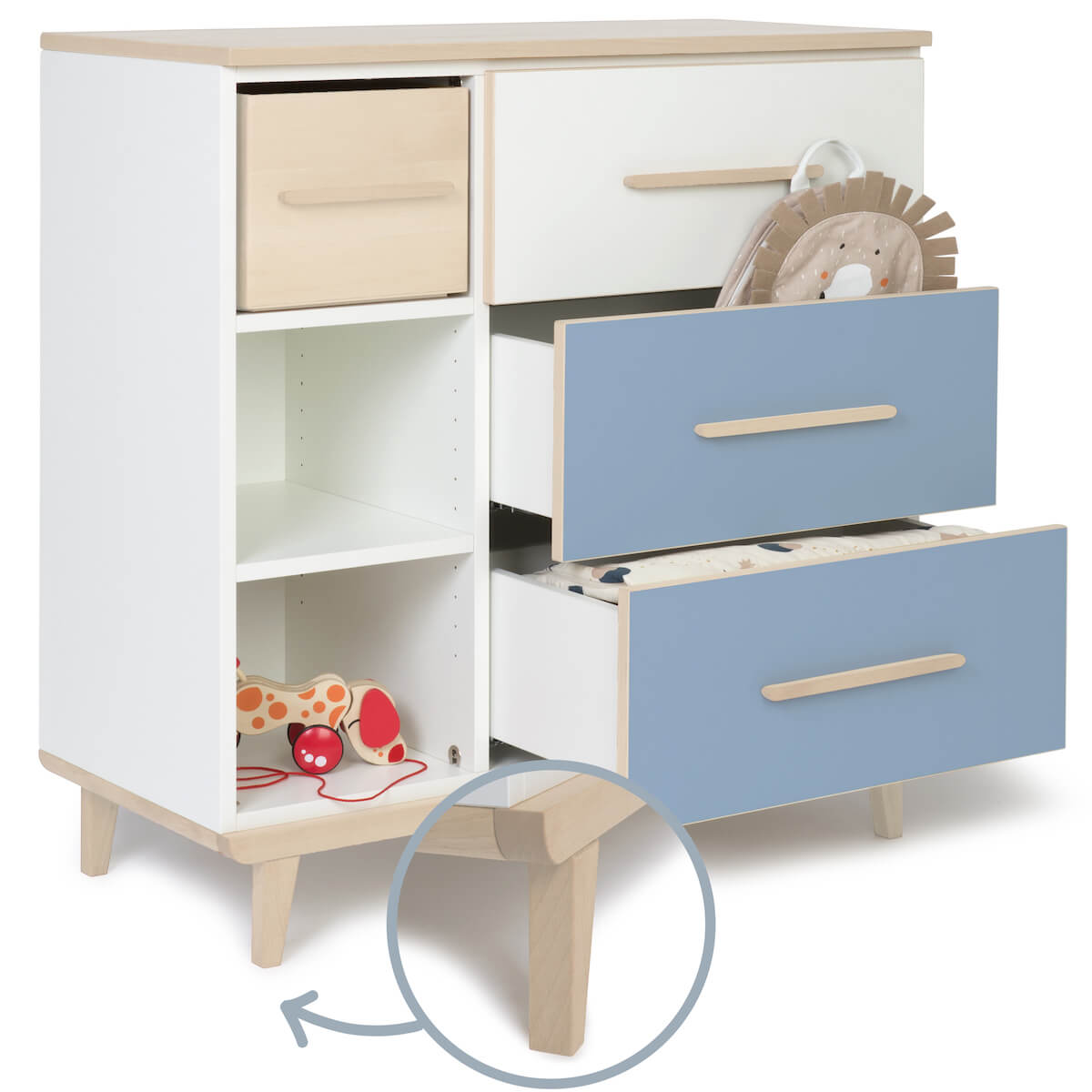 Commode 3 tiroirs 3 niches NADO Retro finition frêne white-capri blue