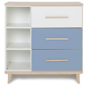 Commode 3 tiroirs 3 niches NADO Retro finition frêne white-capri blue