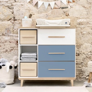 Commode 3 tiroirs 3 niches NADO Retro finition frêne white-capri blue