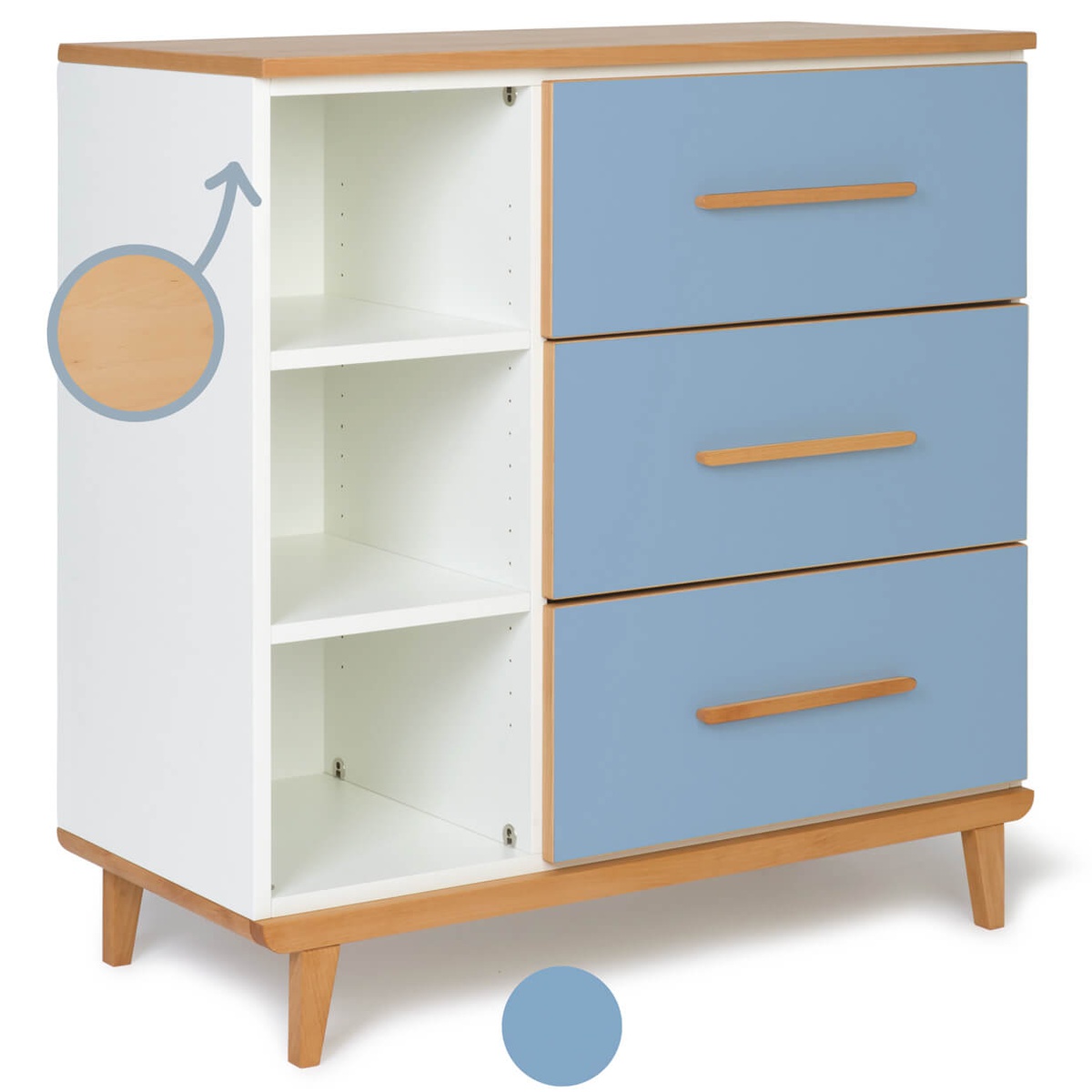 Commode 3 tiroirs 3 niches NADO Retro finition hêtre capri blue