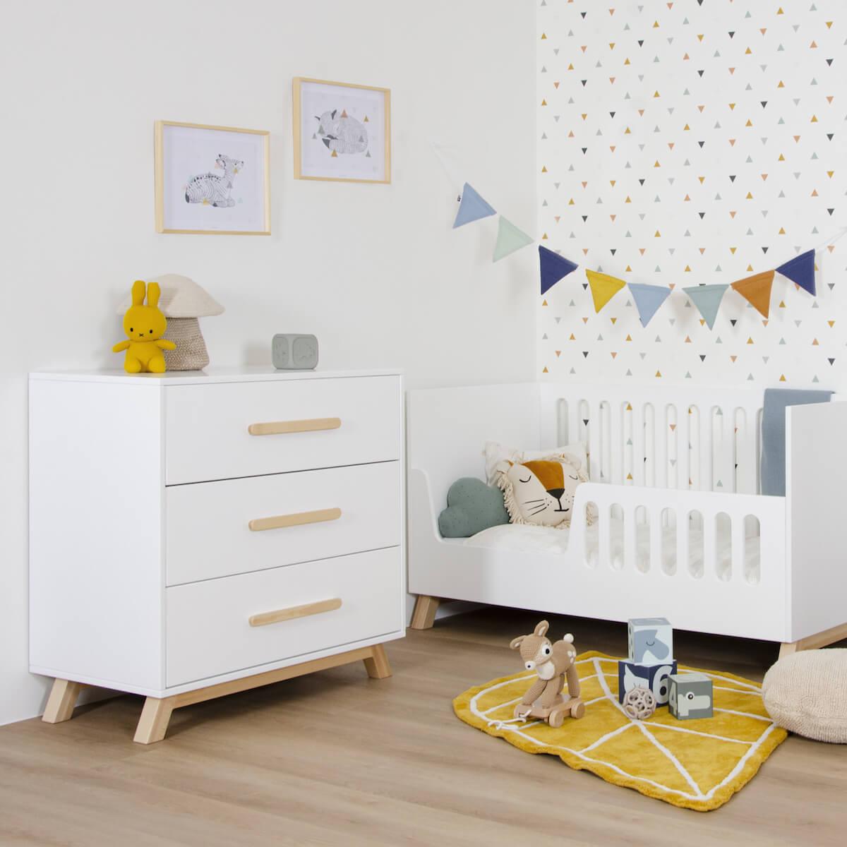 Commode 3 tiroirs SARA Basiak MDF blanc hêtre huilé