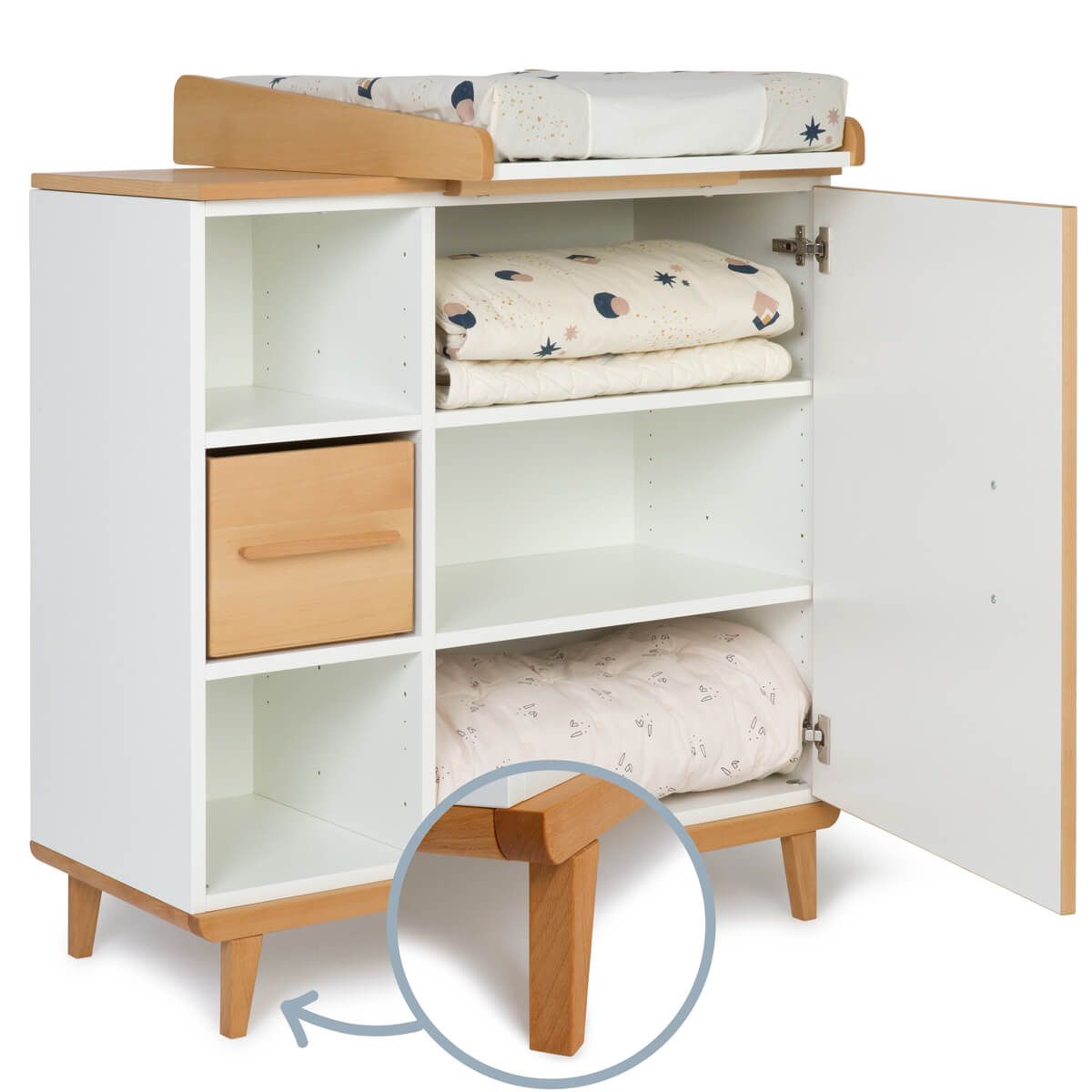 Commode à langer 1 porte 3 niches  NADO Retro finition hêtre white