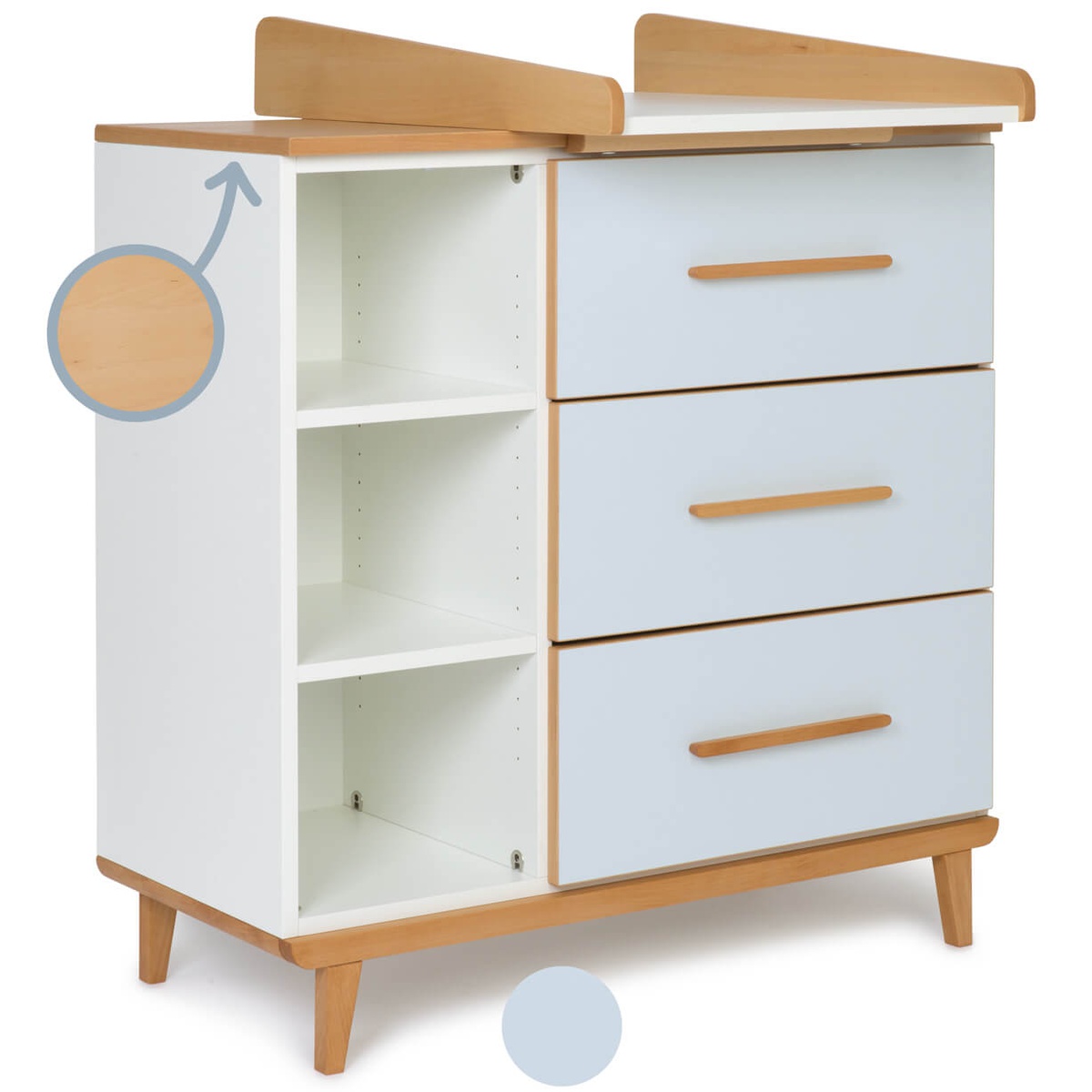 Commode à langer 3 tiroirs 3 niches NADO Retro finition hêtre sky blue