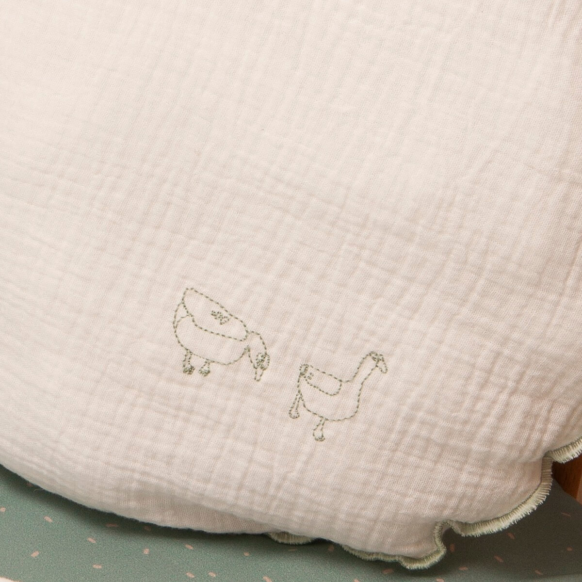 Coussin rond mousseline DUCKS brodé bleu 30cm