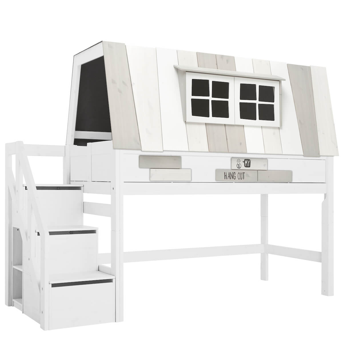 Lit cabane mi hauteur 90x200cm escalier HANG OUT Lifetime blanc