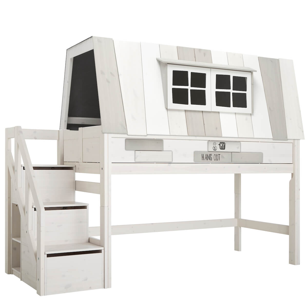 Lit cabane mi-hauteur 90x200cm escalier HANG OUT Lifetime greywash