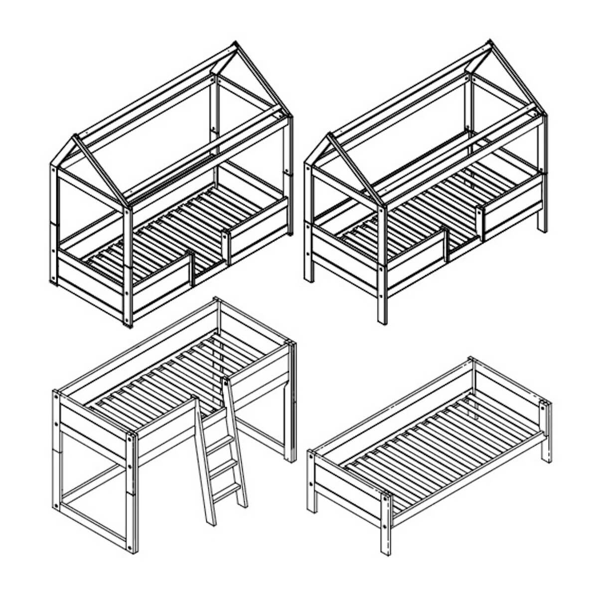 Lit cabane Montessori 90x200cm 4-En-1 HOUSE Lifetime blanchi