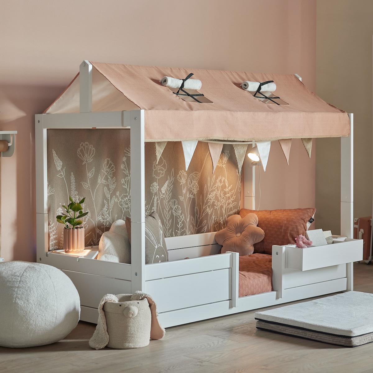 Lit cabane Montessori 90x200cm avec toit 4-En-1 Lifetime blanc