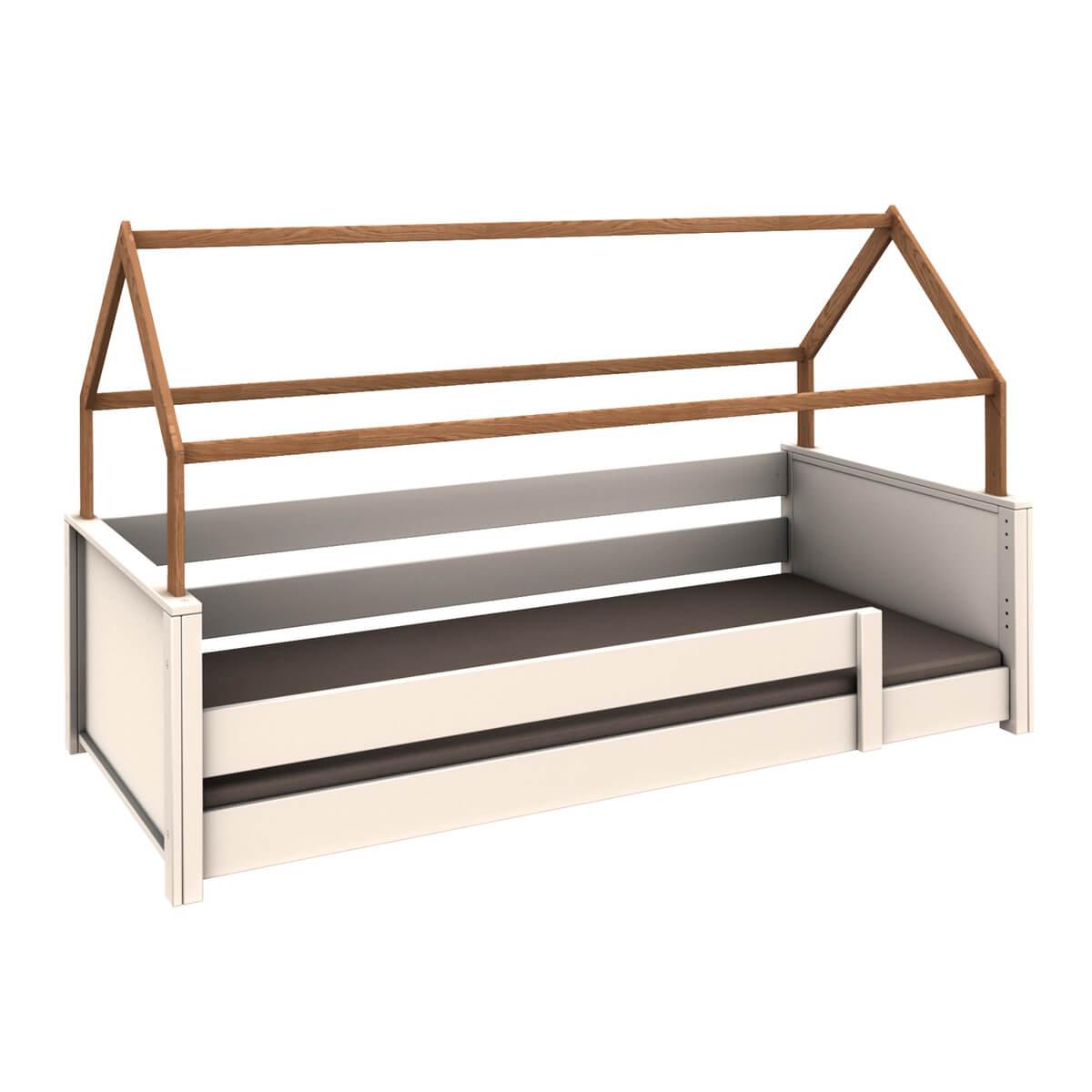 Lit cabane-montessori barrière simple KASVA hêtre massif laqué blanc-placage chêne huilé