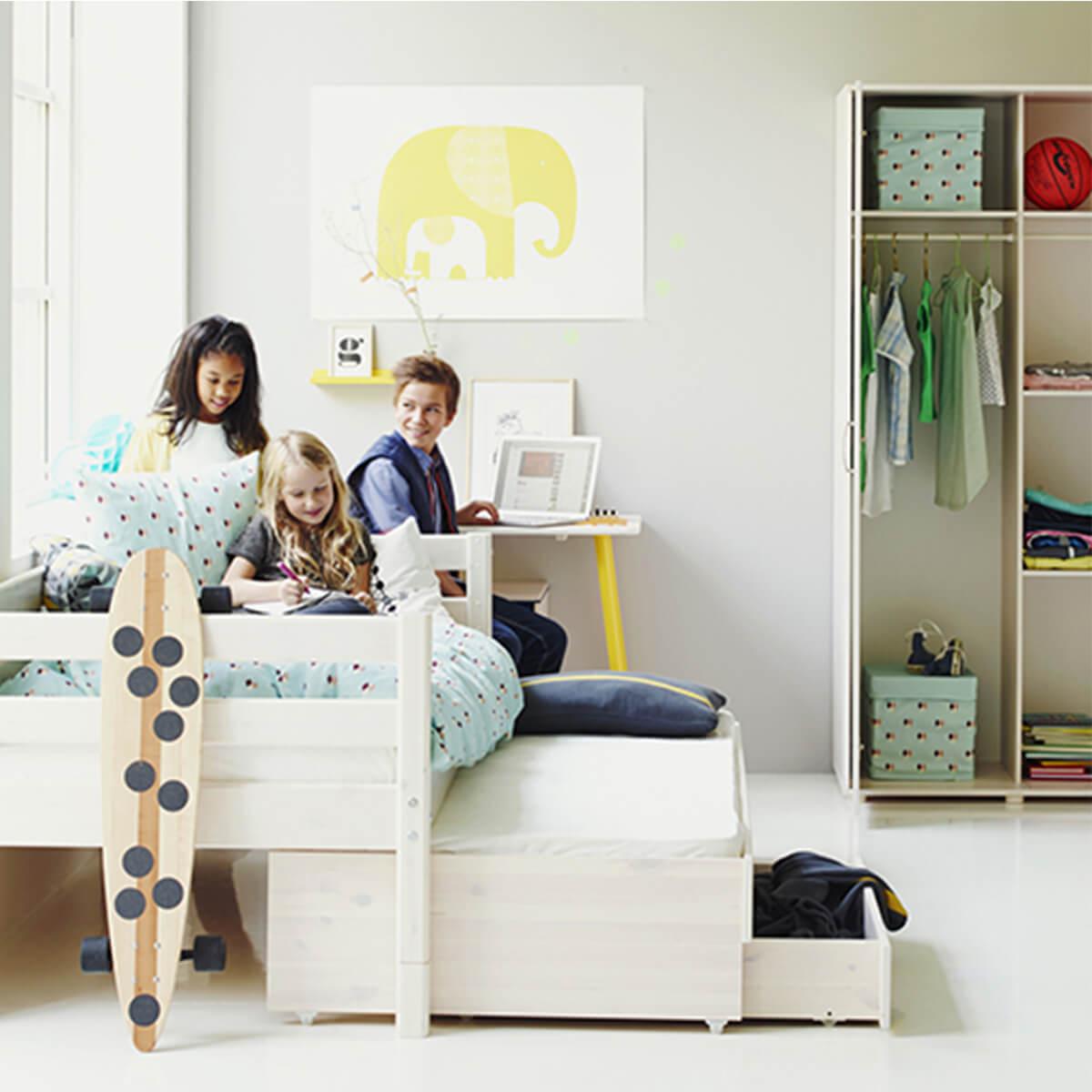 Lit enfant simple 90x200cm lit gigogne-2 tiroirs WHITE Flexa blanc