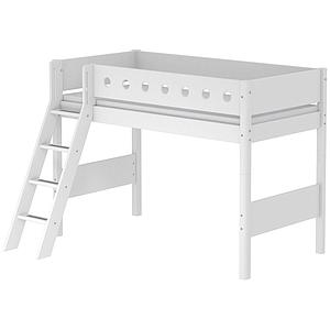 Lit enfant surélevé WHITE Flexa 90x190 échelle inclinée pieds blancs barrière blanche