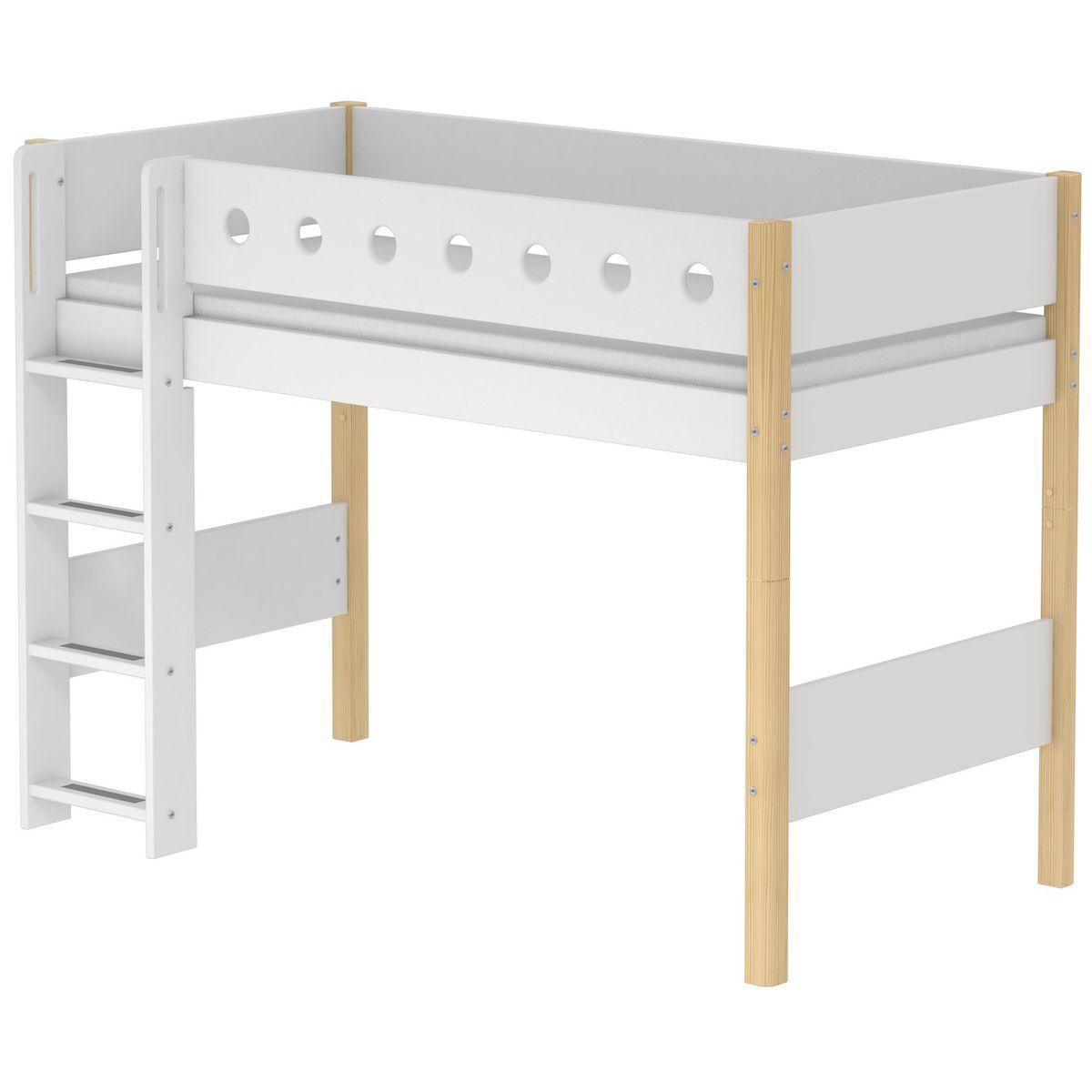 Lit enfant surélevé WHITE Flexa 90x200 échelle droite pieds bouleau barrière blanche