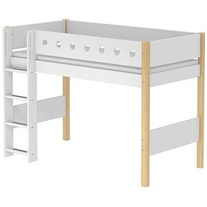 Lit enfant surélevé WHITE Flexa 90x200 échelle droite pieds bouleau barrière blanche