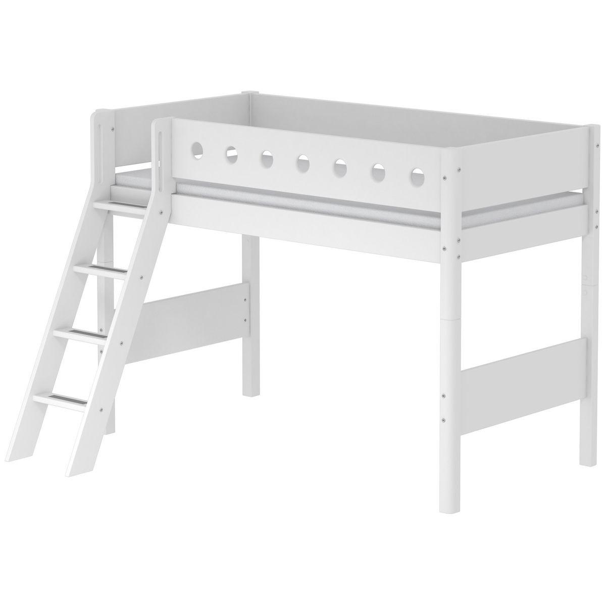 Lit enfant surélevé WHITE Flexa 90x200 échelle inclinée pieds blancs barrière blanche