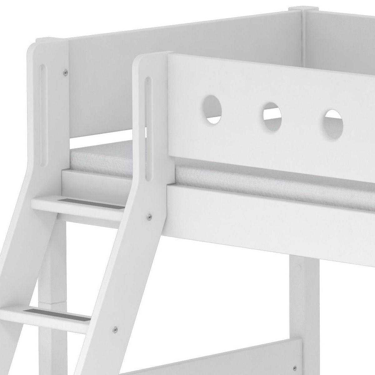 Lit enfant surélevé WHITE Flexa 90x200 échelle inclinée pieds blancs barrière blanche