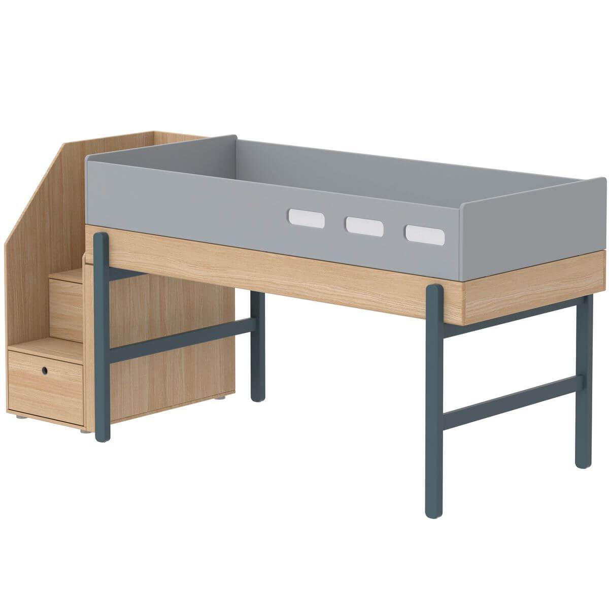 Lit évolutif mi hauteur 90x200cm escalier POPSICLE Flexa chêne-blueberry