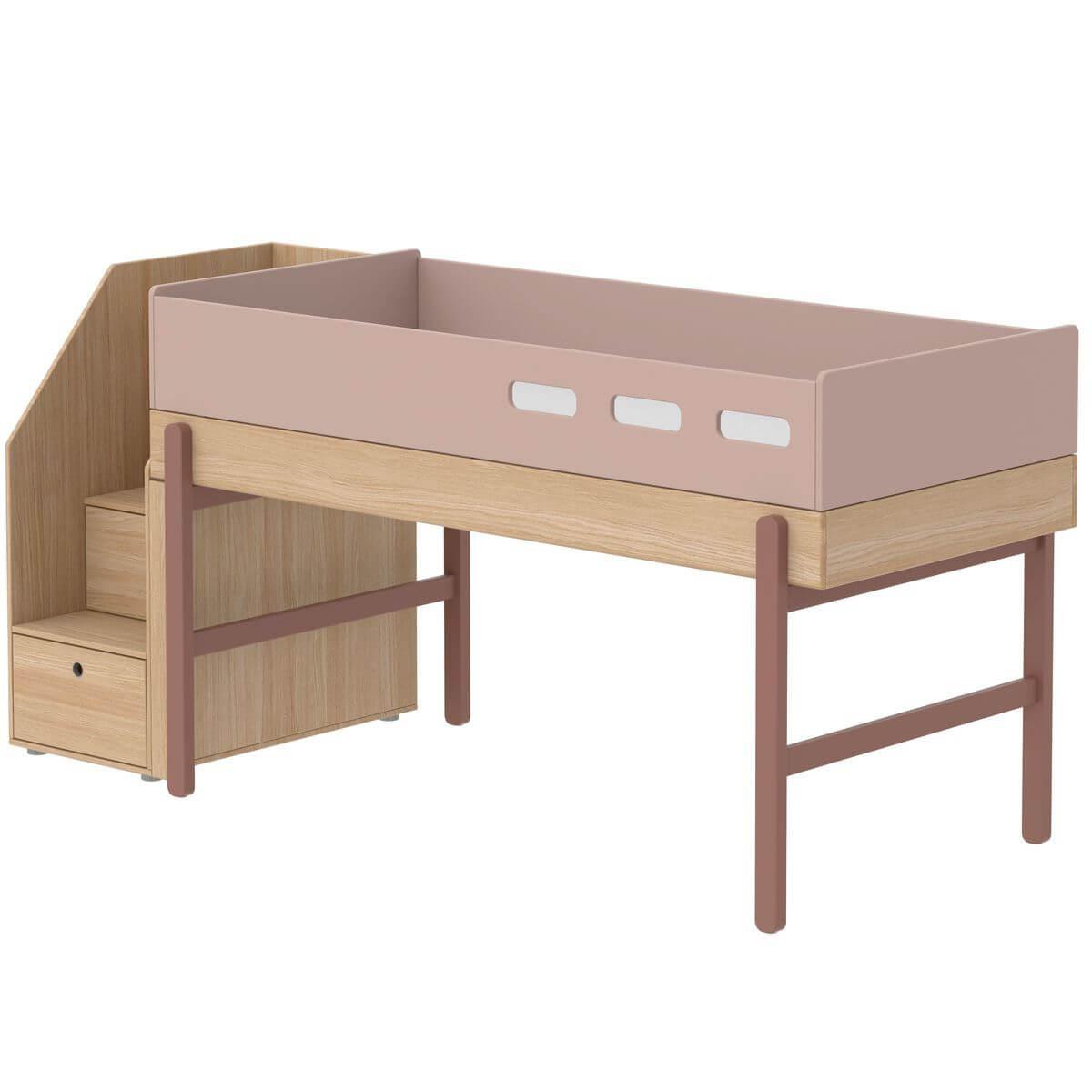 Lit évolutif mi hauteur 90x200cm escalier POPSICLE Flexa chêne-cherry