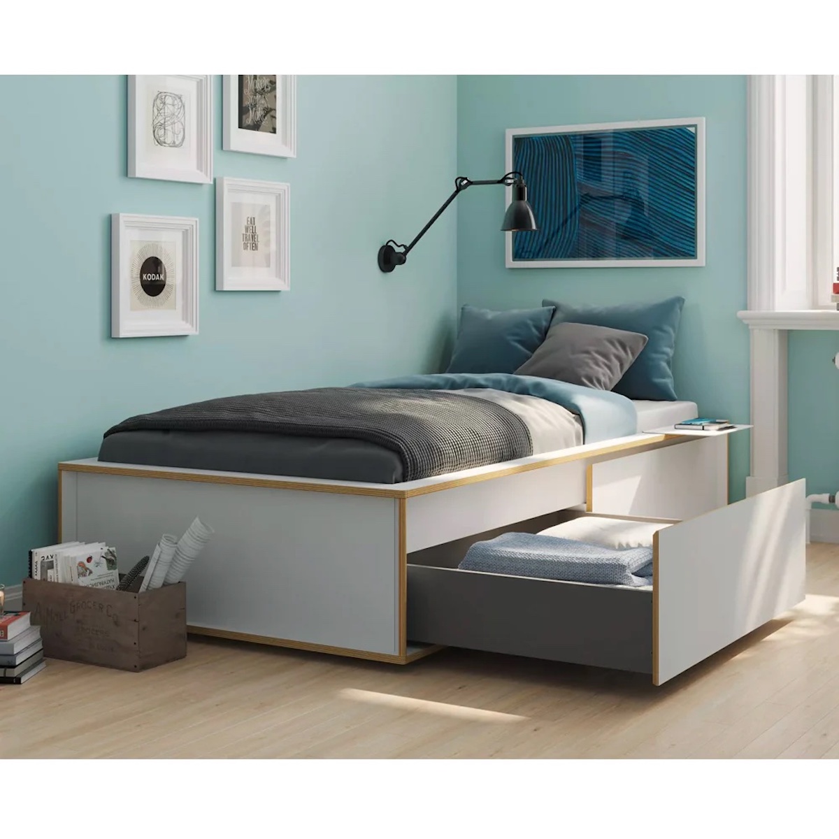 Lit individuel 140x200cm avec tête de lit 2 tiroirs SPAZE Müller Small Living blanc