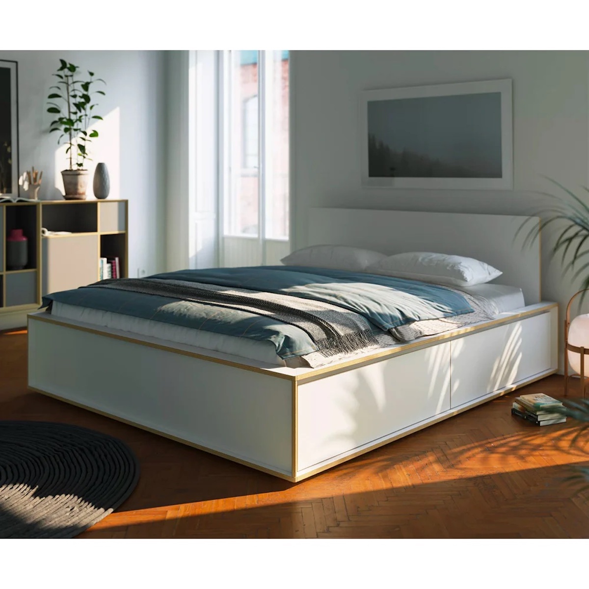 Lit individuel 140x200cm avec tête de lit 2 tiroirs SPAZE Müller Small Living blanc