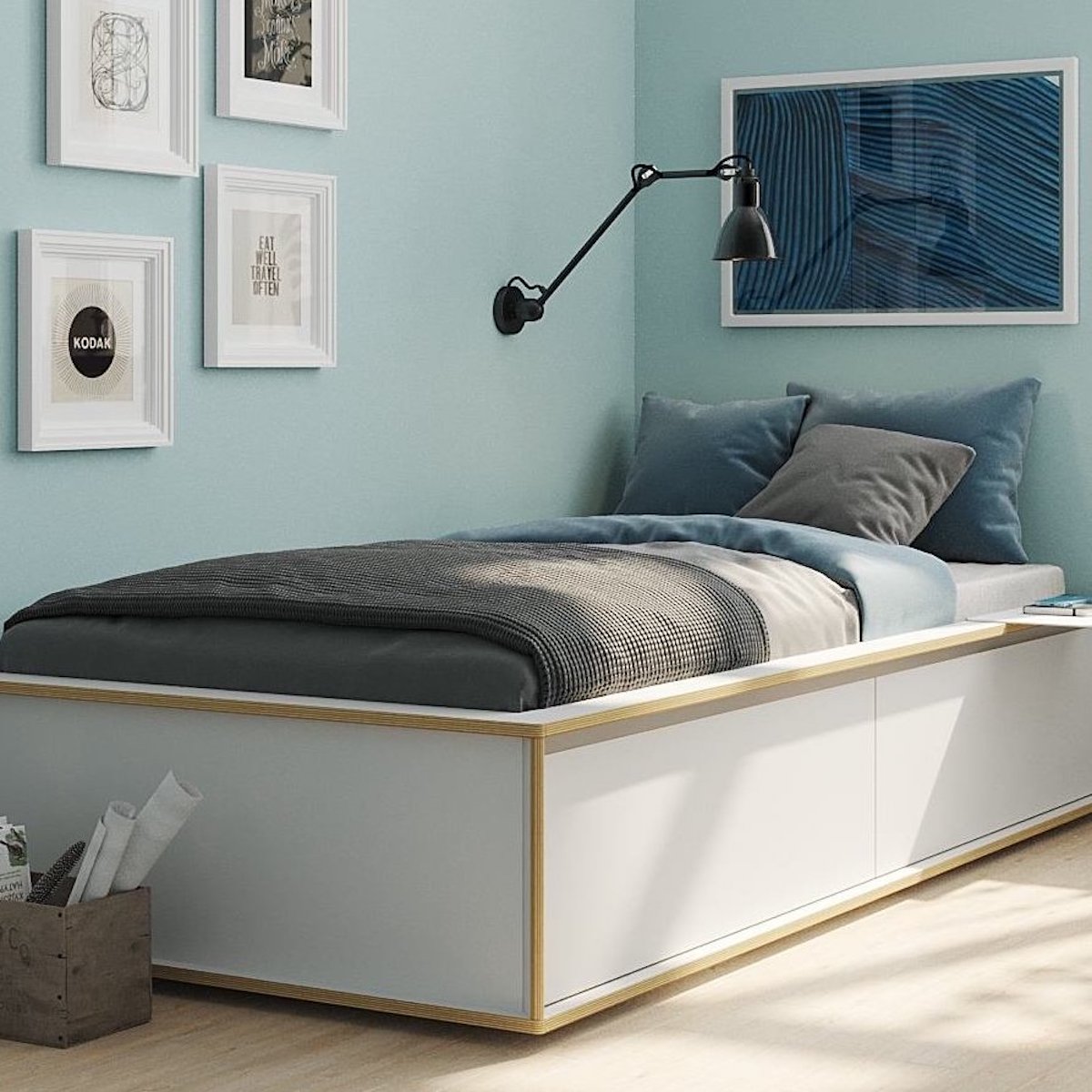 Lit individuel 90x200cm avec tête de lit 2 tiroirs SPAZE Müller Small Living blanc