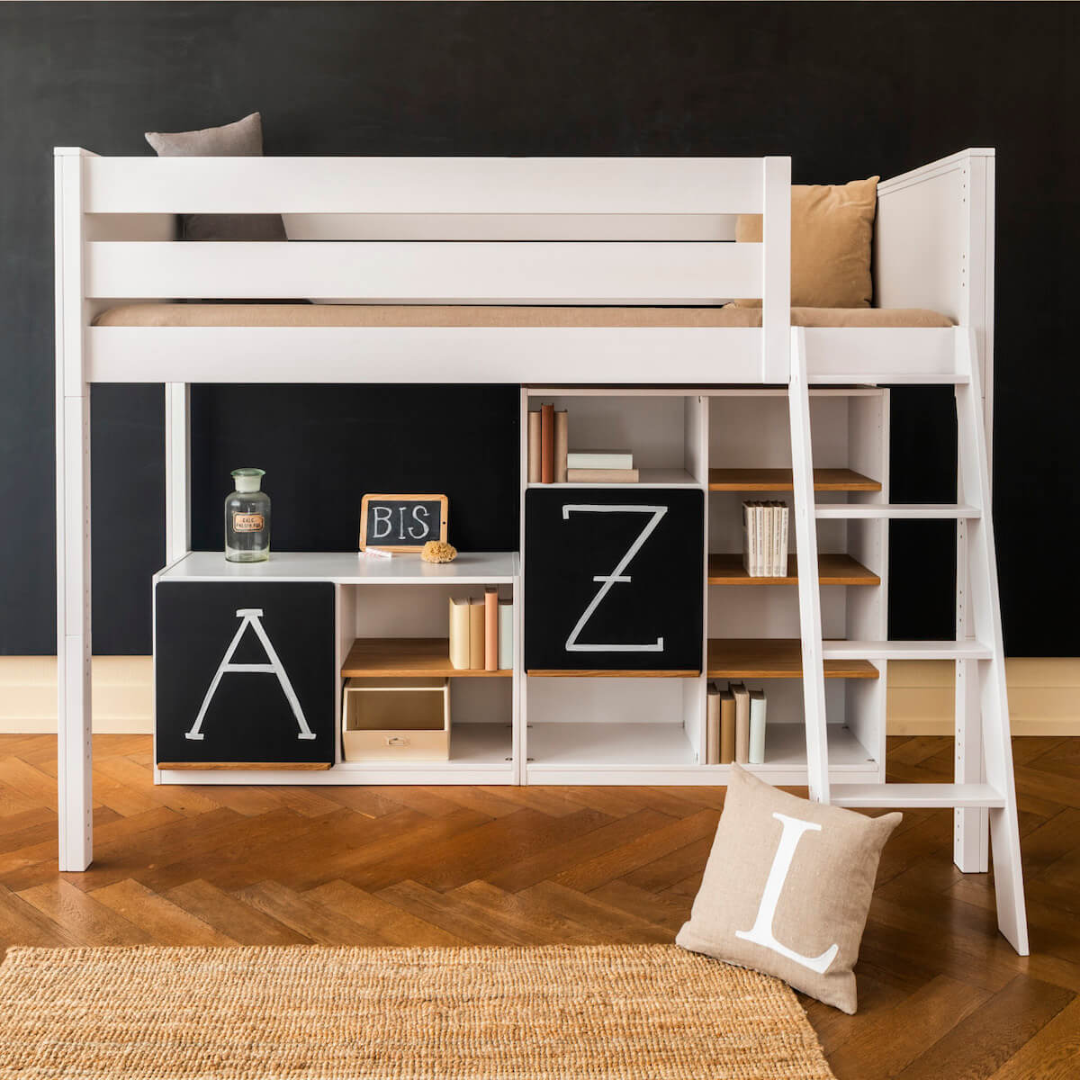 Lit mezzanine 90x200x165cm échelle inclinée KASVA hêtre laqué blanc