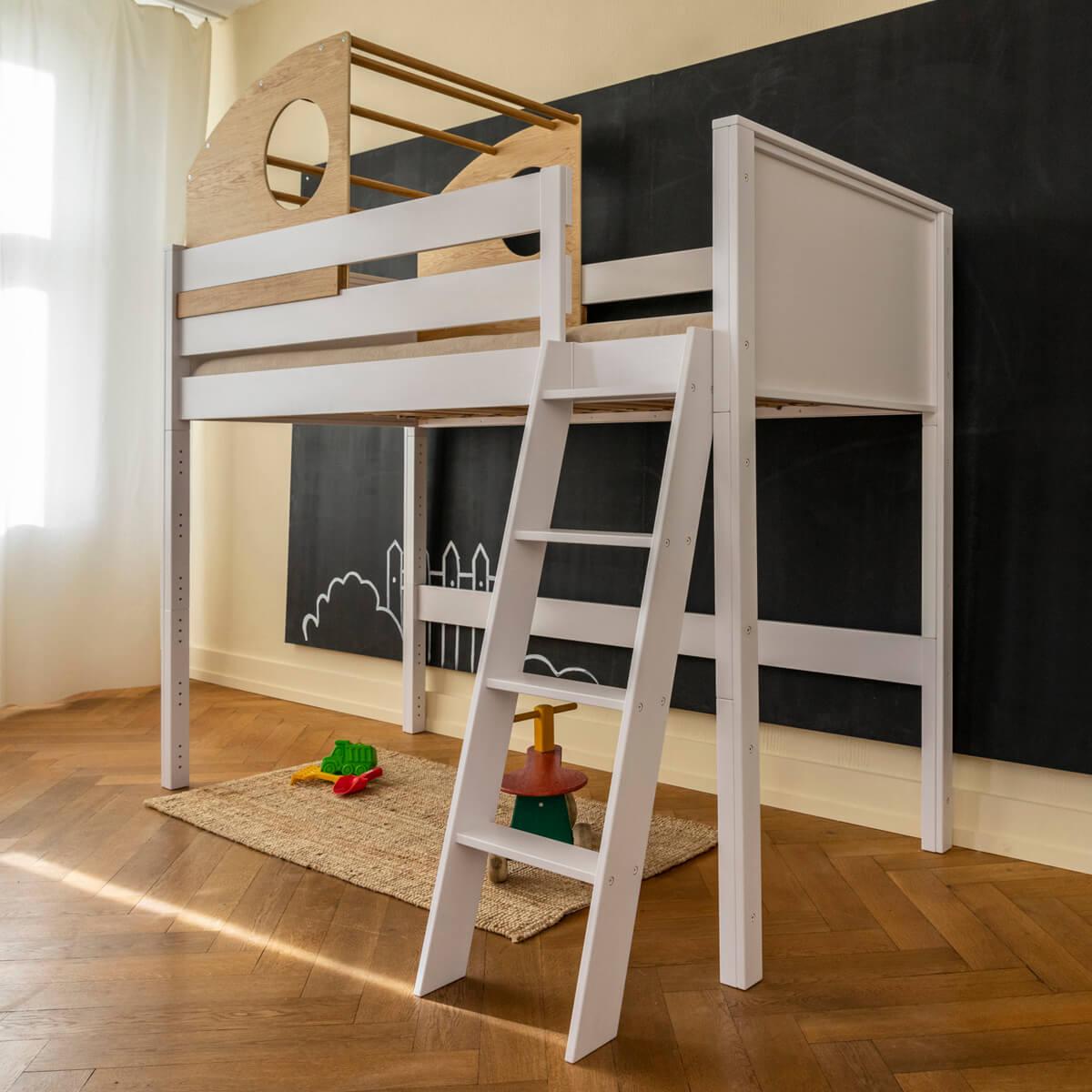 Lit mezzanine-cabine coulissante haut KASVA hêtre massif laqué blanc-placage chêne huilé