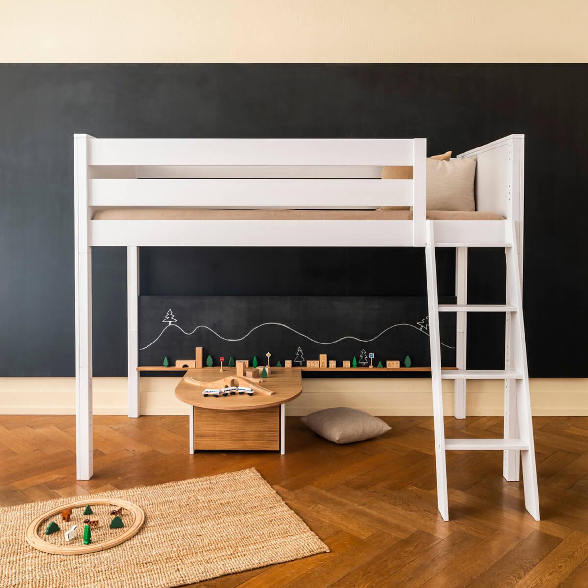 Lit mezzanine haut-tableau-table  KASVA hêtre massif laqué blanc