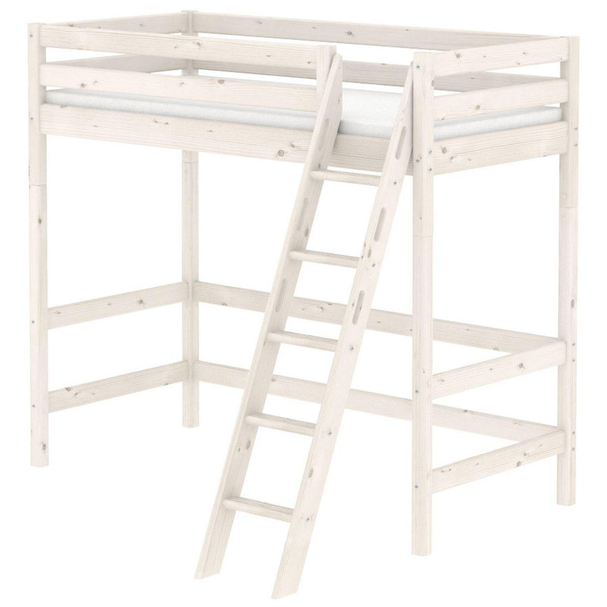 Lit mezzanine Line 90x190 cm + échelle inclinée avec poignées + rambarde blanche by Flexa