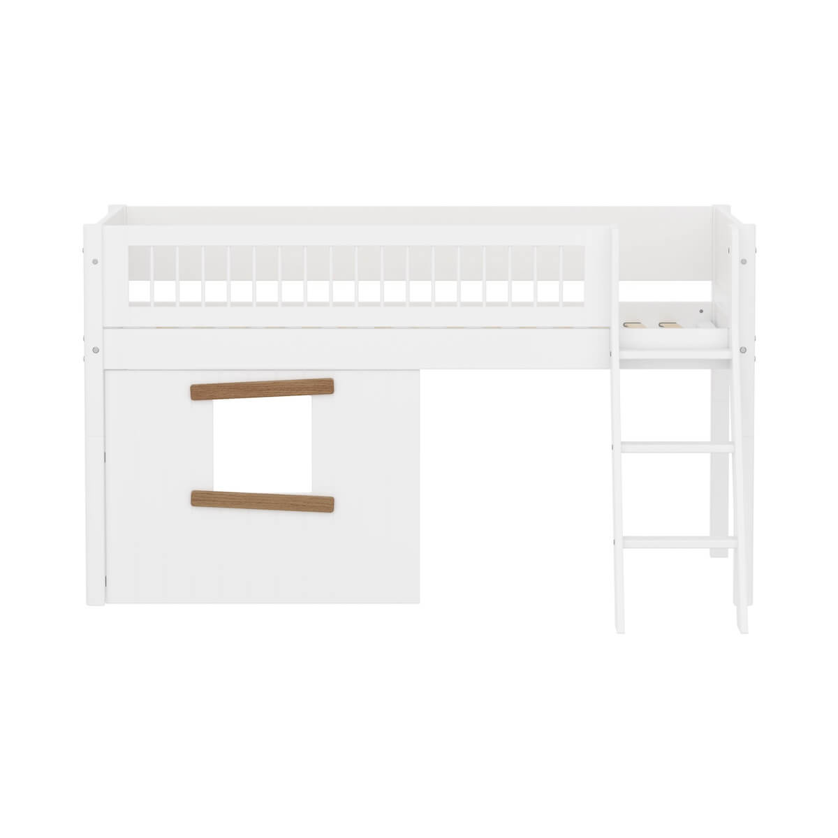 Lit mi-haut 90x200cm WHITE Crossbars Sl. ladder & Tree hut Oak window