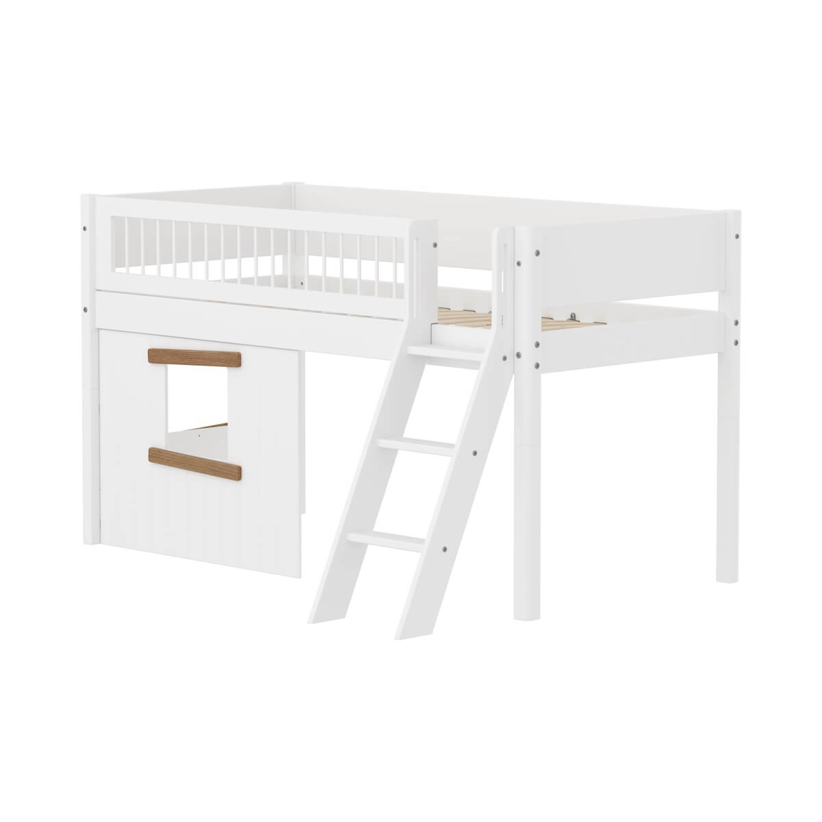 Lit mi-haut 90x200cm WHITE Crossbars Sl. ladder & Tree hut Oak window