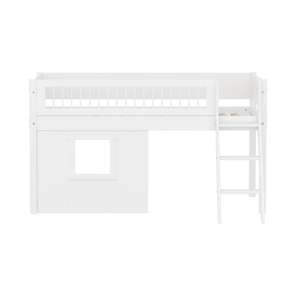 Lit mi-haut 90x200cm WHITE crossbars Sl. ladder & Tree hut Wht window
