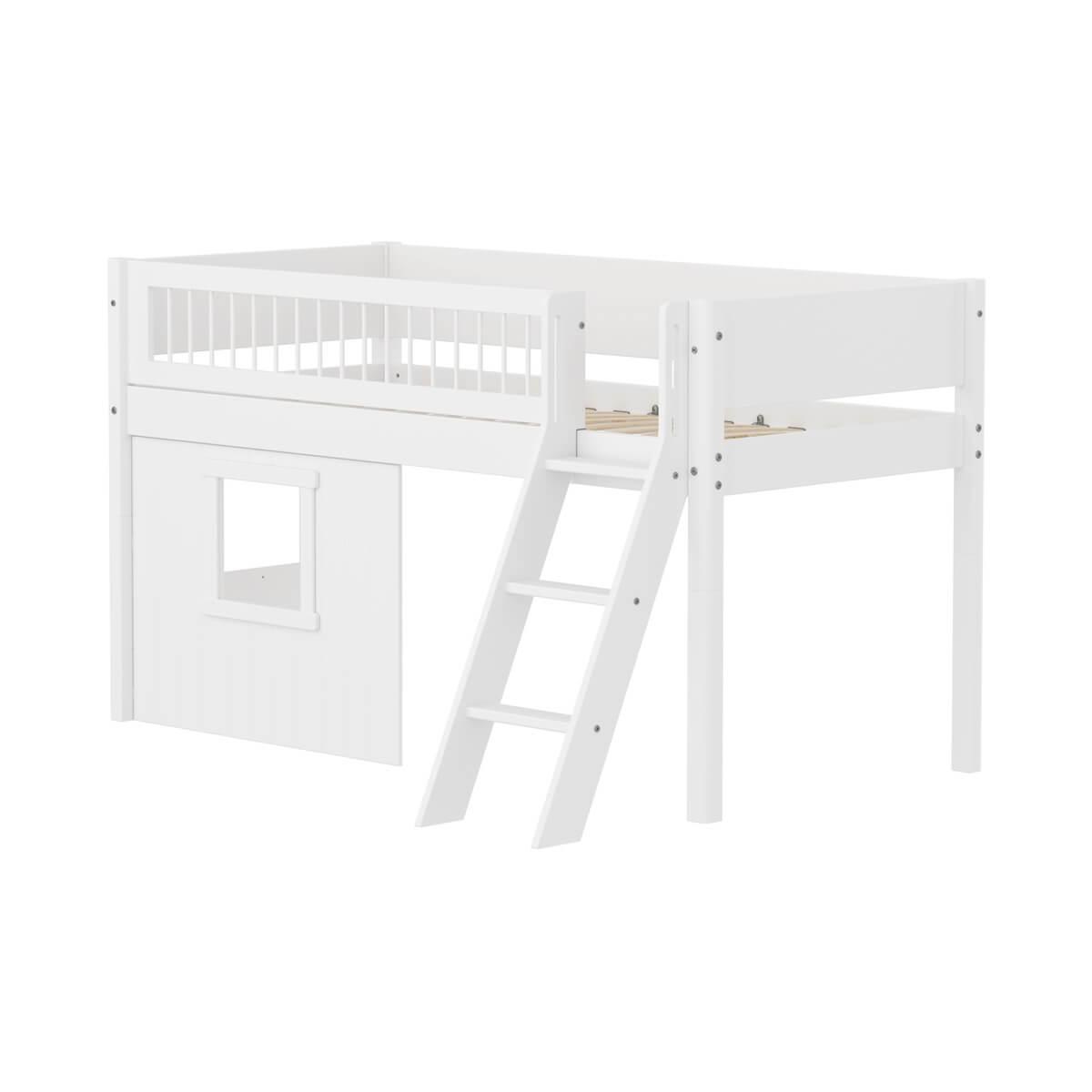 Lit mi-haut 90x200cm WHITE crossbars Sl. ladder & Tree hut Wht window