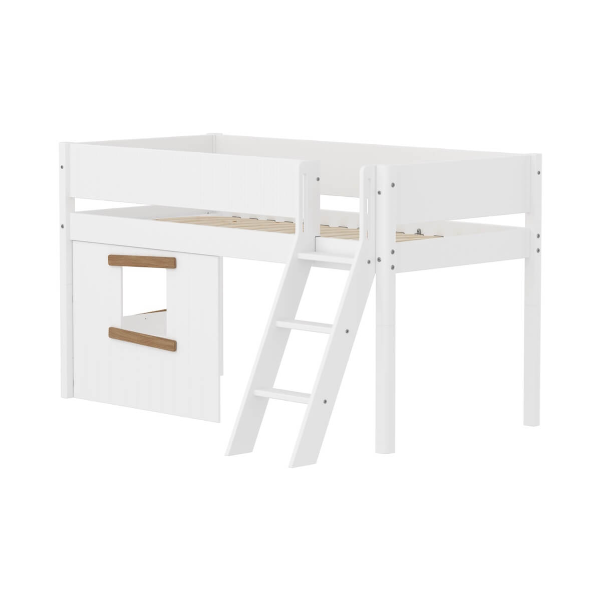 Lit mi-haut 90x200cm WHITE Grooves Sl. ladder & Tree hut Oak window