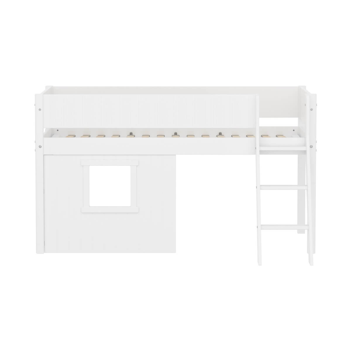 Lit mi-haut 90x200cm WHITE Grooves Sl. ladder & Tree hut Wht window