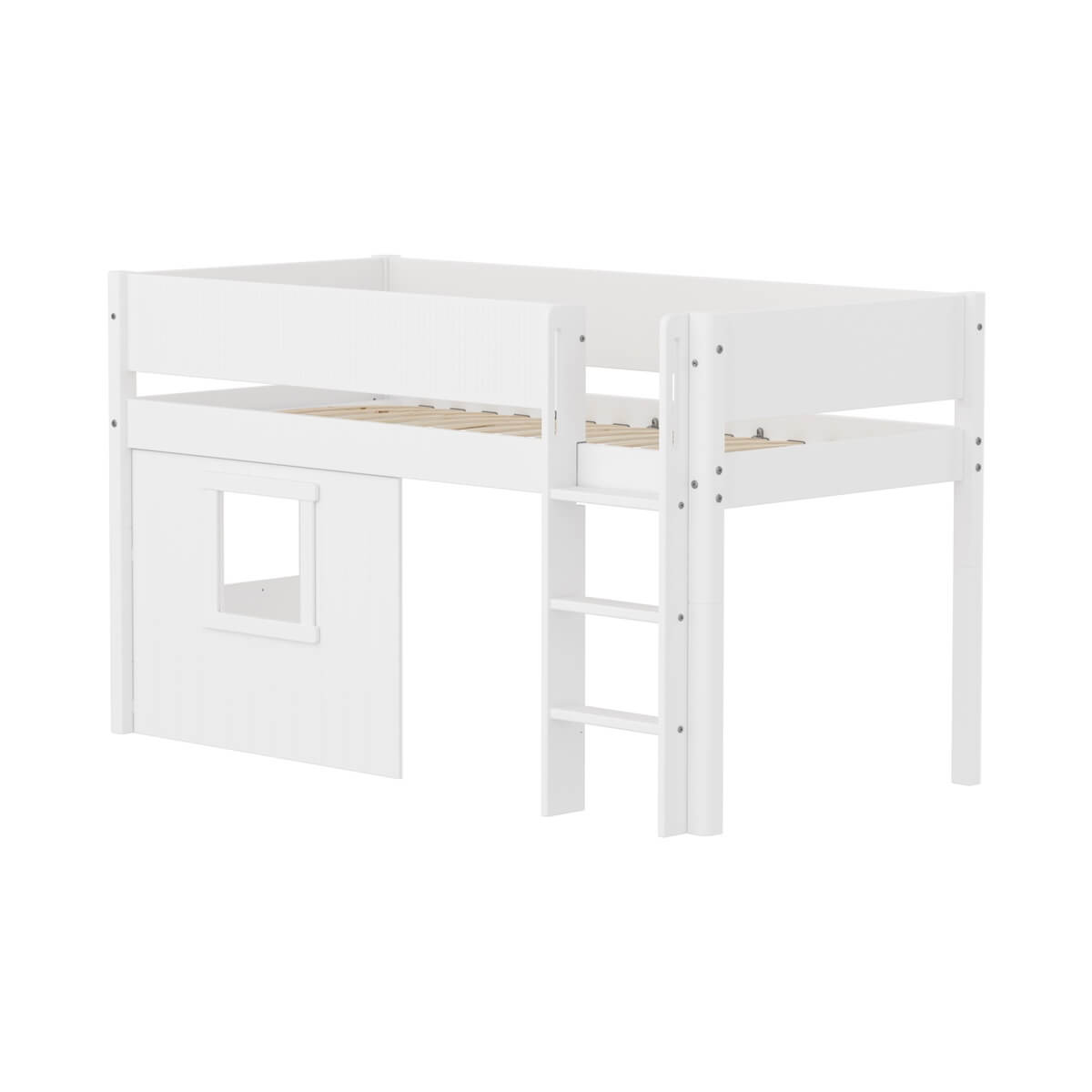 Lit mi-haut 90x200cm WHITE grooves Str. ladder & Tree hut Wht window