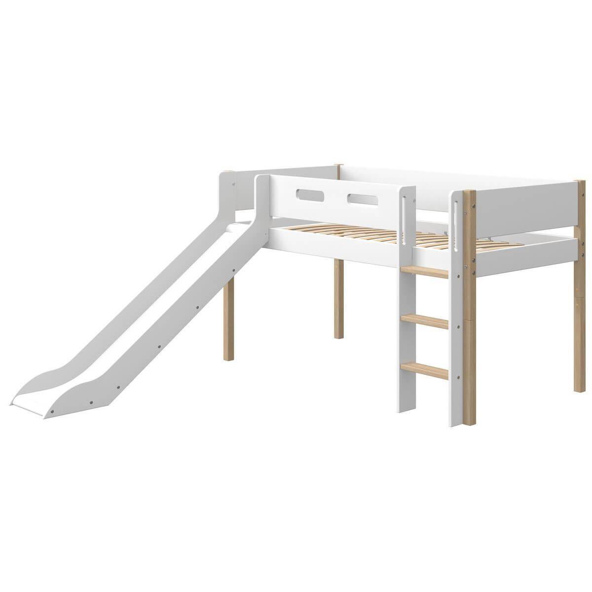 Lit mi hauteur 200x90cm échelle droite toboggan NOR Flexa chêne-blanc