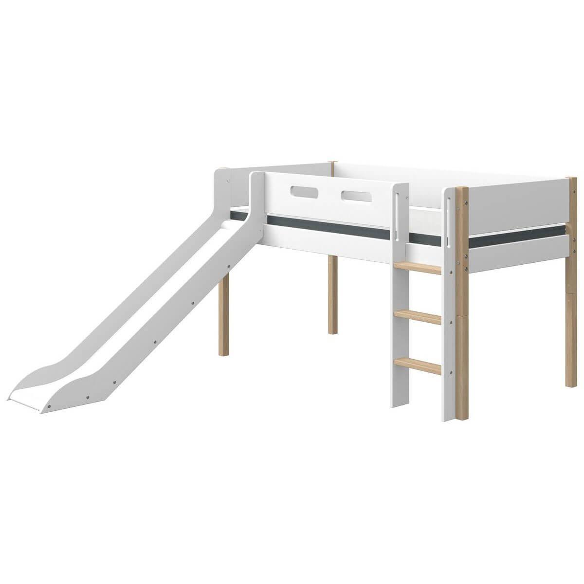 Lit mi hauteur 200x90cm échelle droite toboggan NOR Flexa chêne-blanc