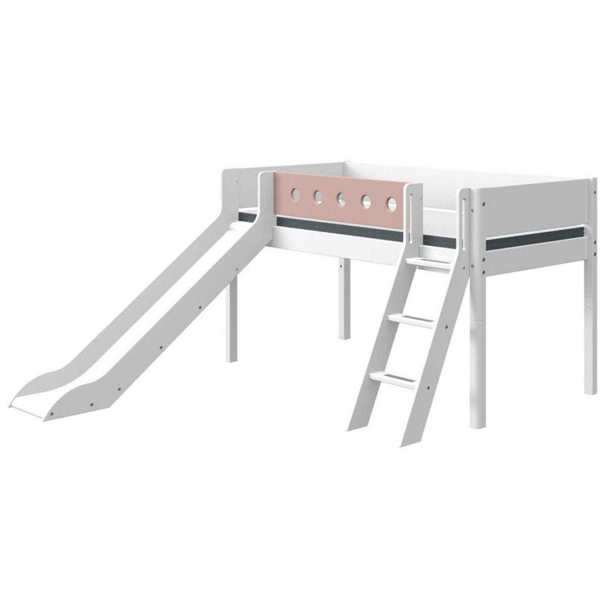 Lit mi hauteur 90x190cm échelle inclinée toboggan WHITE Flexa blanc-light rose