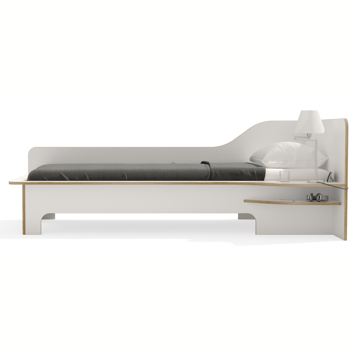 Lit simple 90x200cm version droite PLANE Müller Small Living blanc - bord en bouleau