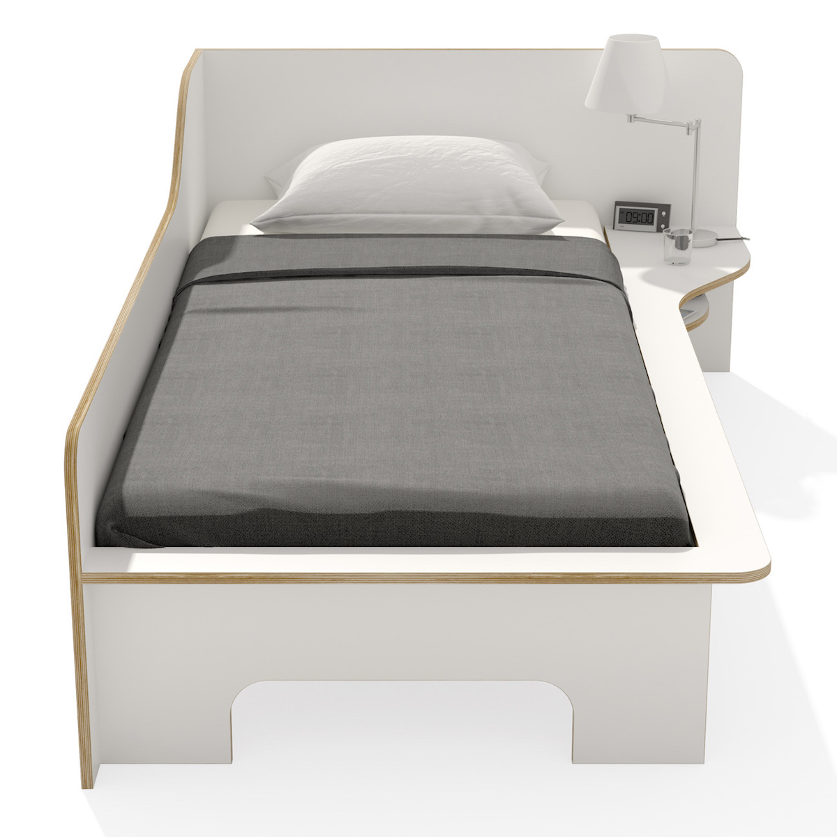Lit simple 90x200cm version droite PLANE Müller Small Living blanc - bord en bouleau