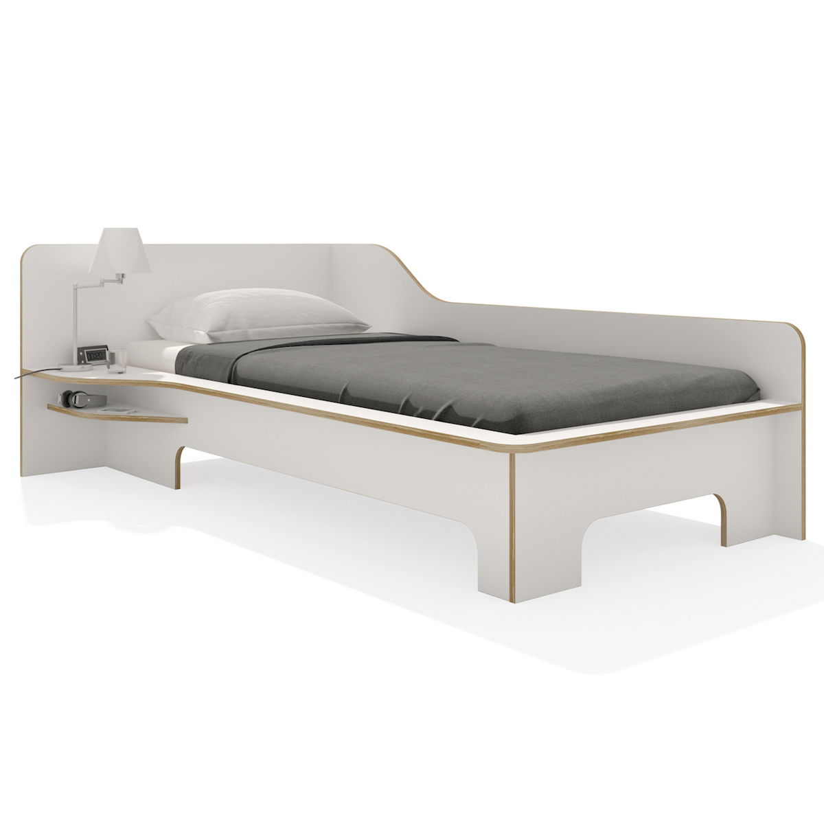 Lit simple 90x200cm version gauche PLANE Müller Small Living blanc - bord en bouleau