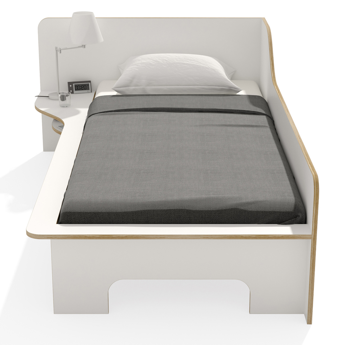 Lit simple 90x200cm version gauche PLANE Müller Small Living blanc - bord en bouleau