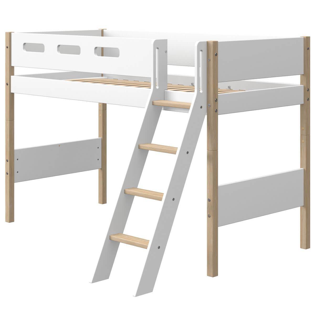 Lit surélevé 200x90cm échelle inclinée NOR Flexa chêne-blanc