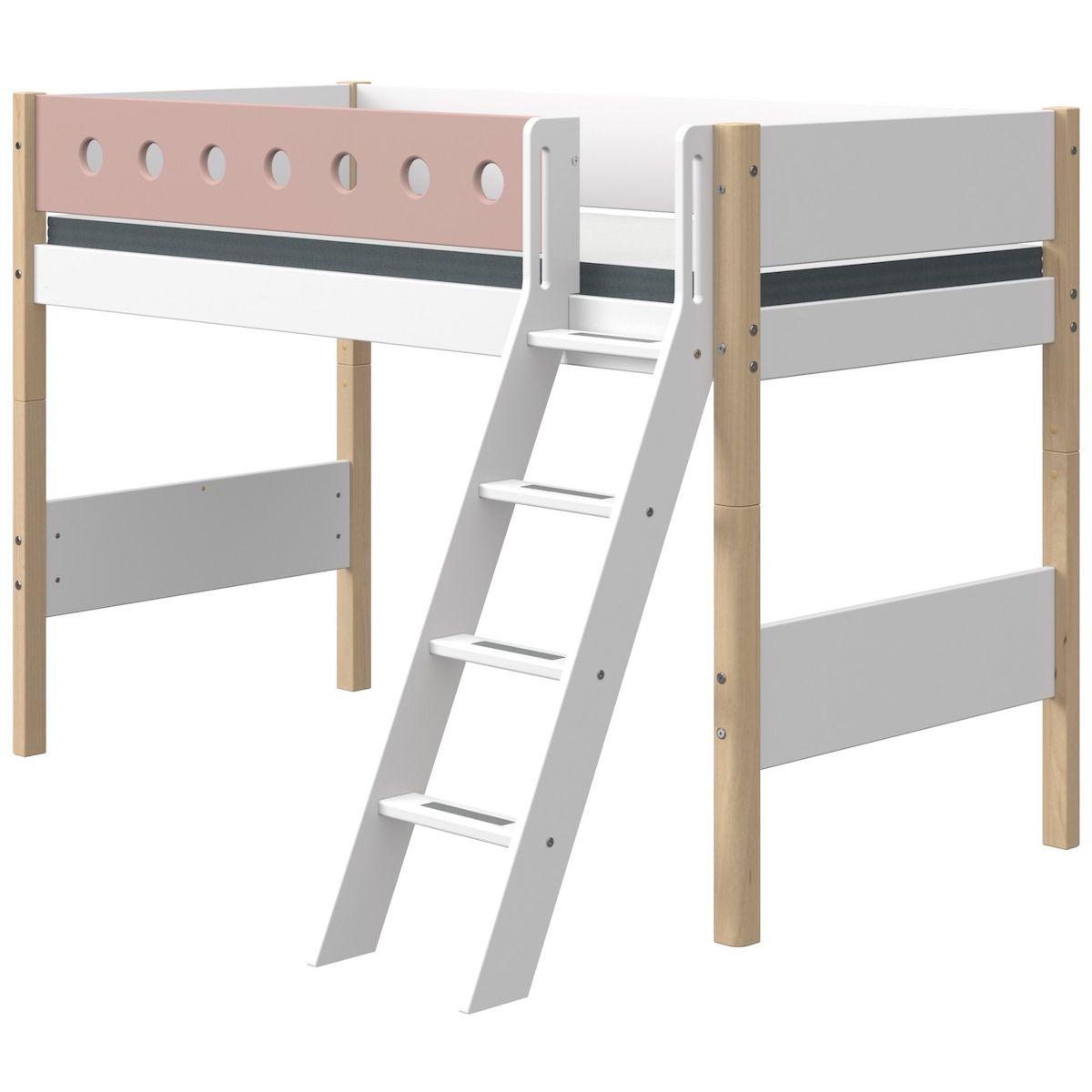 Lit surélevé 90x190cm échelle inclinée WHITE Flexa naturel-light rose